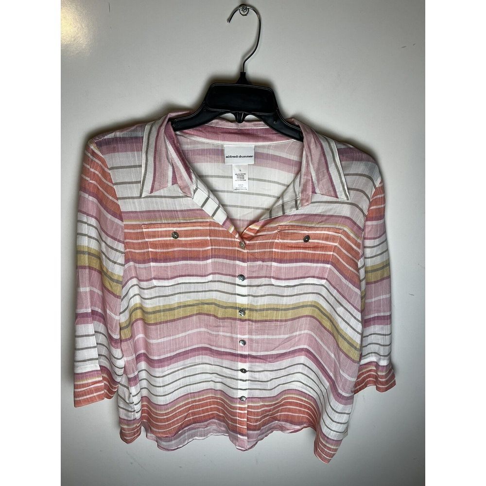 Alfred‎ Dunner Button Down Striped Top Womens Size Large Semi-Sheer Size Large